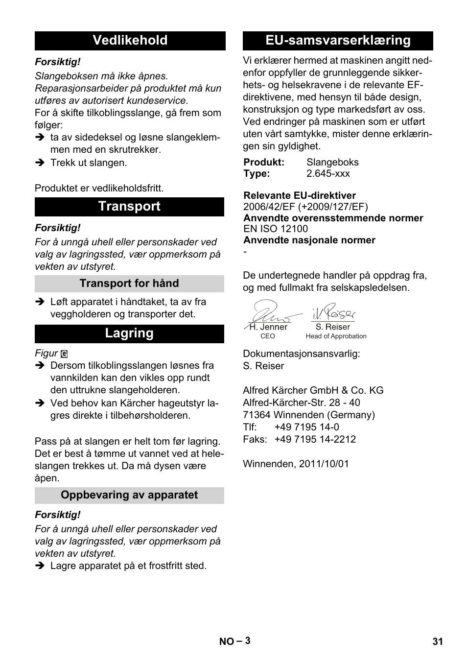 Vedlikehold transport, Lagring, Eu-samsvarserklæring | Karcher Autoreel User Manual | Page 31 / 90