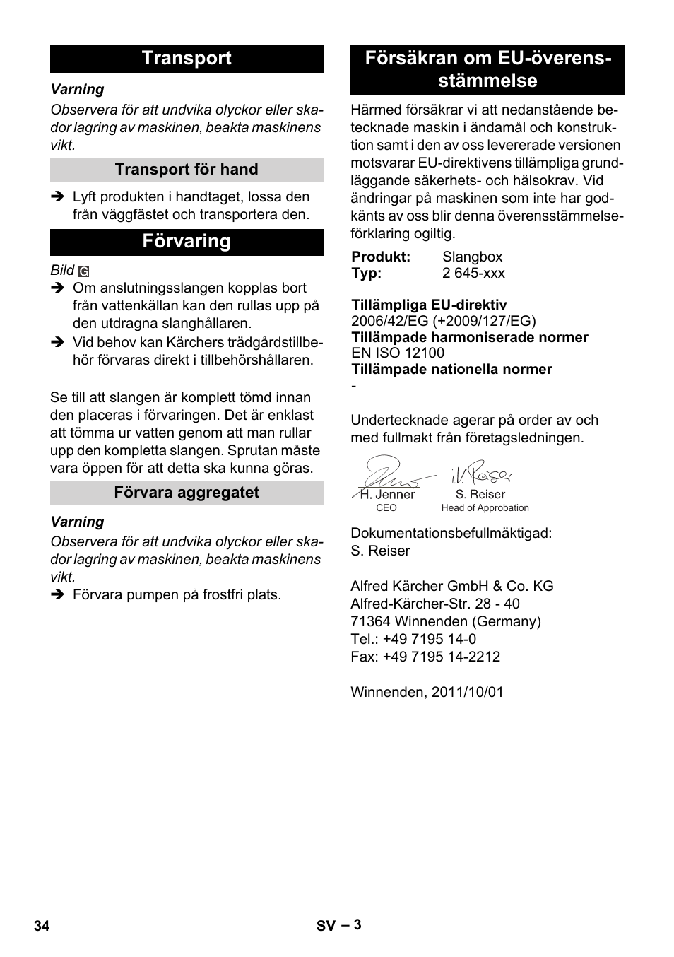 Transport, Förvaring, Försäkran om eu-överens- stämmelse | Karcher Autoreel User Manual | Page 34 / 90