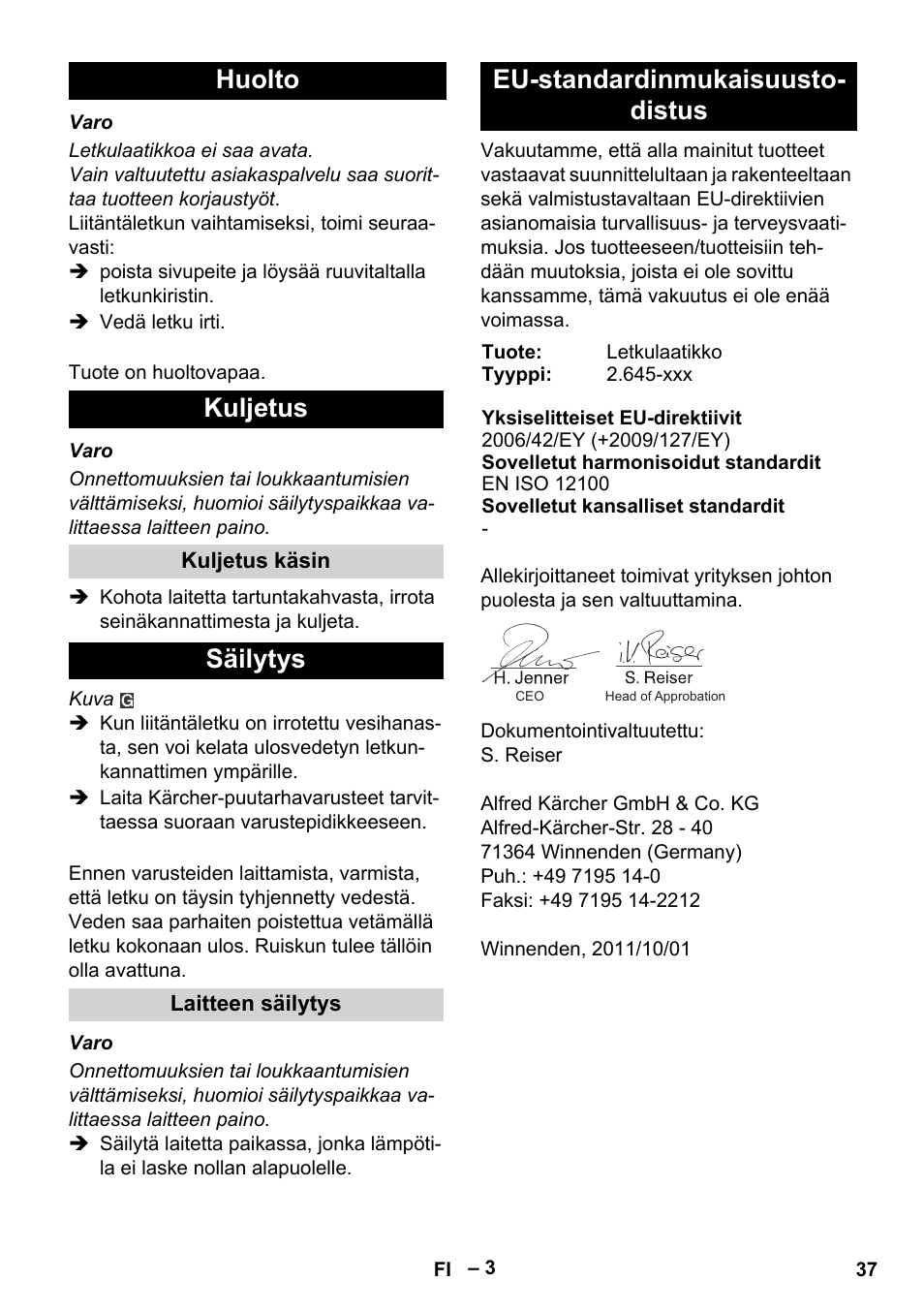 Huolto kuljetus, Säilytys, Eu-standardinmukaisuusto- distus | Karcher Autoreel User Manual | Page 37 / 90
