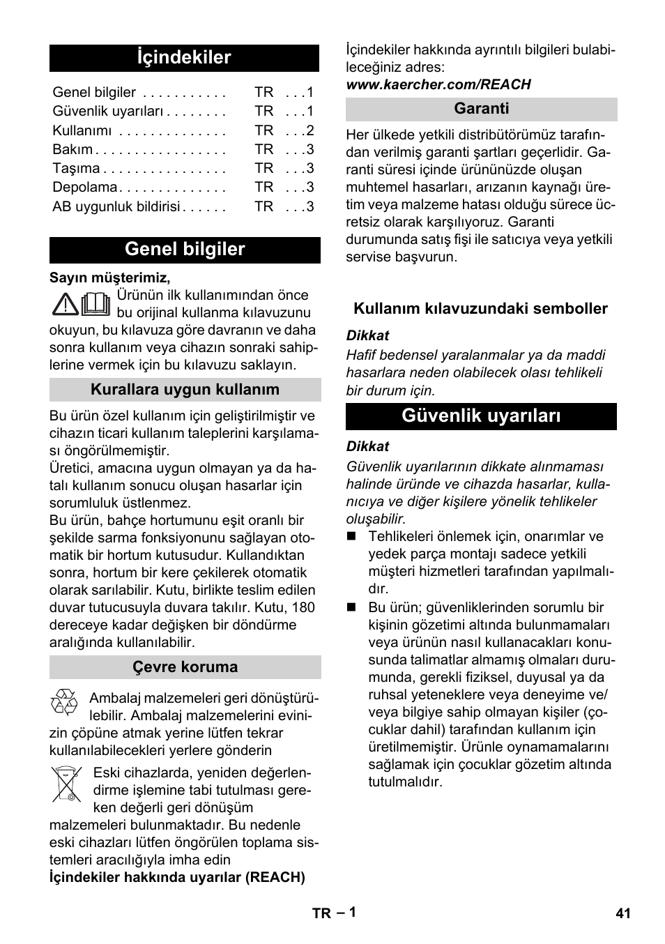 Türkçe, Içindekiler, Genel bilgiler | Güvenlik uyarıları | Karcher Autoreel User Manual | Page 41 / 90