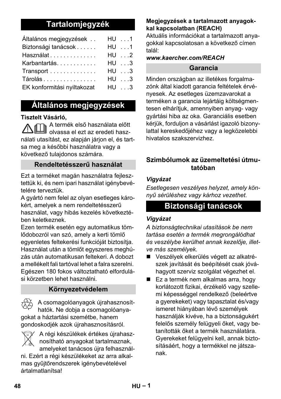 Magyar, Tartalomjegyzék, Általános megjegyzések | Biztonsági tanácsok | Karcher Autoreel User Manual | Page 48 / 90