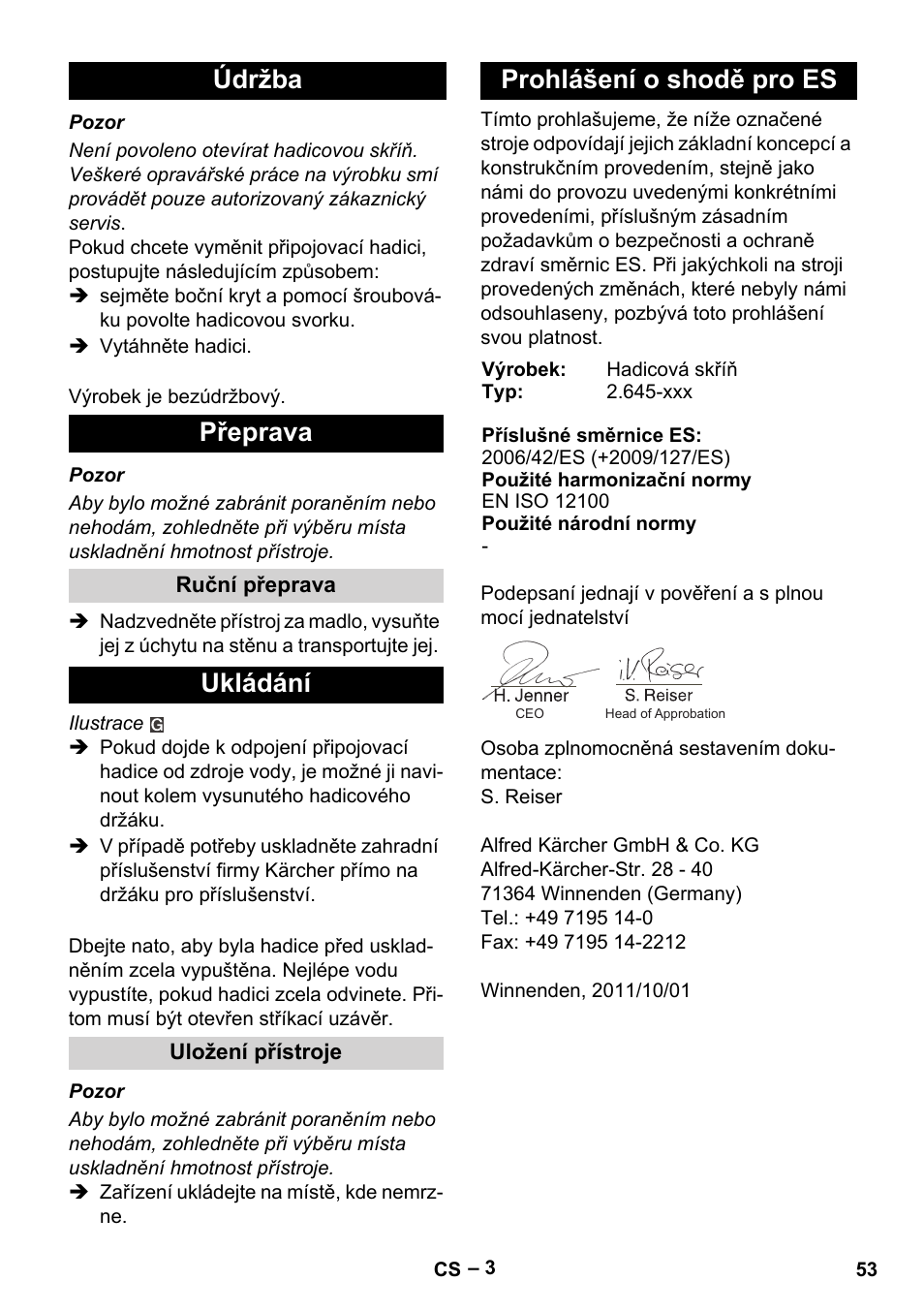 Údržba přeprava, Ukládání, Prohlášení o shodě pro es | Karcher Autoreel User Manual | Page 53 / 90
