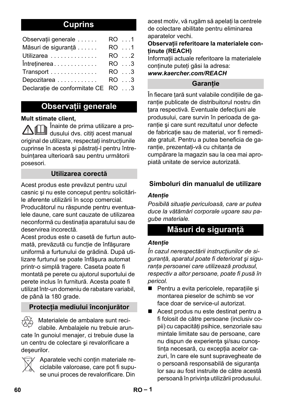 Româneşte, Românete, Cuprins | Observaţii generale, Măsuri de siguranţă | Karcher Autoreel User Manual | Page 60 / 90