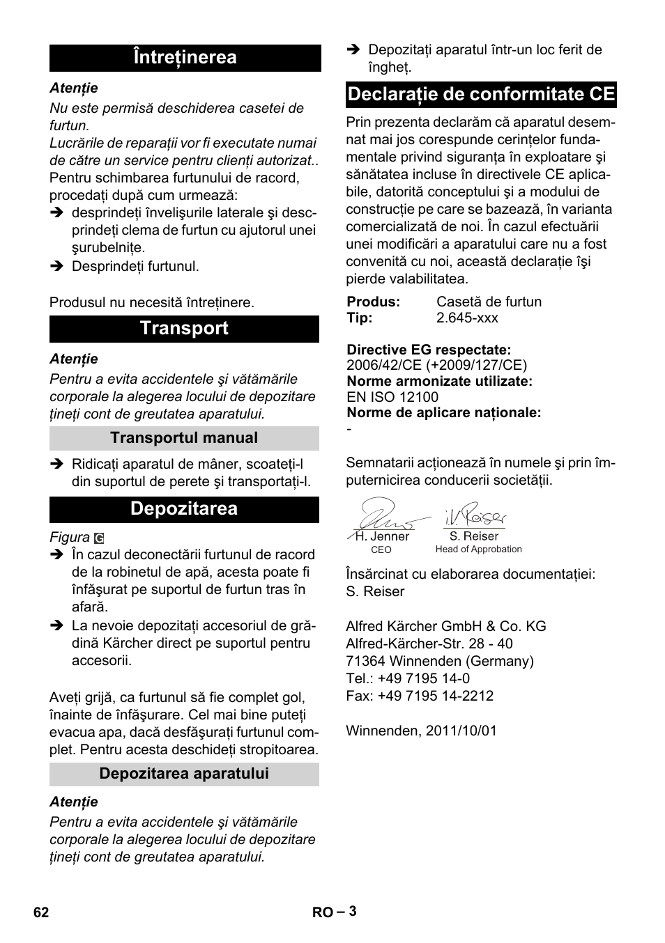 Întreţinerea transport, Depozitarea, Declaraţie de conformitate ce | Karcher Autoreel User Manual | Page 62 / 90