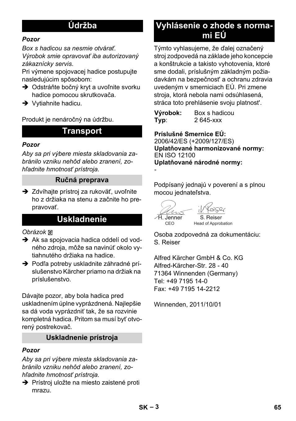 Údržba transport, Uskladnenie, Vyhlásenie o zhode s norma- mi eú | Karcher Autoreel User Manual | Page 65 / 90