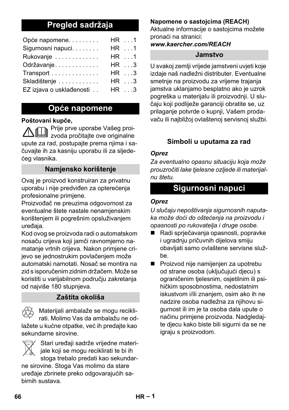 Hrvatski, Pregled sadržaja, Opće napomene | Sigurnosni napuci | Karcher Autoreel User Manual | Page 66 / 90