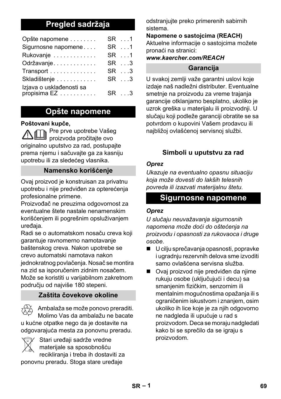 Srpski, Pregled sadržaja, Opšte napomene | Sigurnosne napomene | Karcher Autoreel User Manual | Page 69 / 90