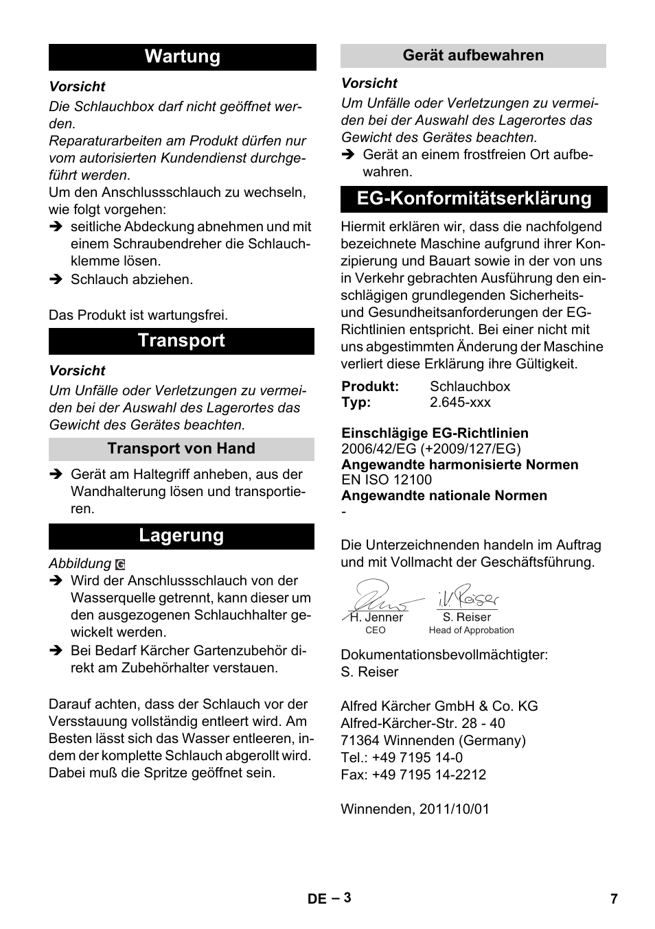 Wartung transport, Lagerung, Eg-konformitätserklärung | Karcher Autoreel User Manual | Page 7 / 90