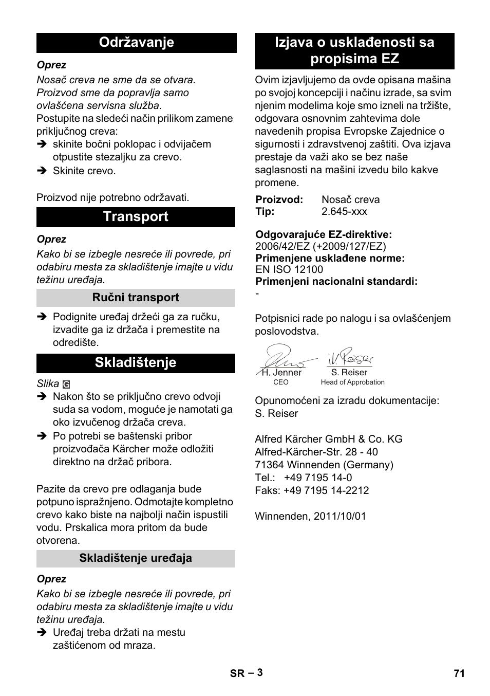 Održavanje transport, Skladištenje, Izjava o usklađenosti sa propisima ez | Karcher Autoreel User Manual | Page 71 / 90