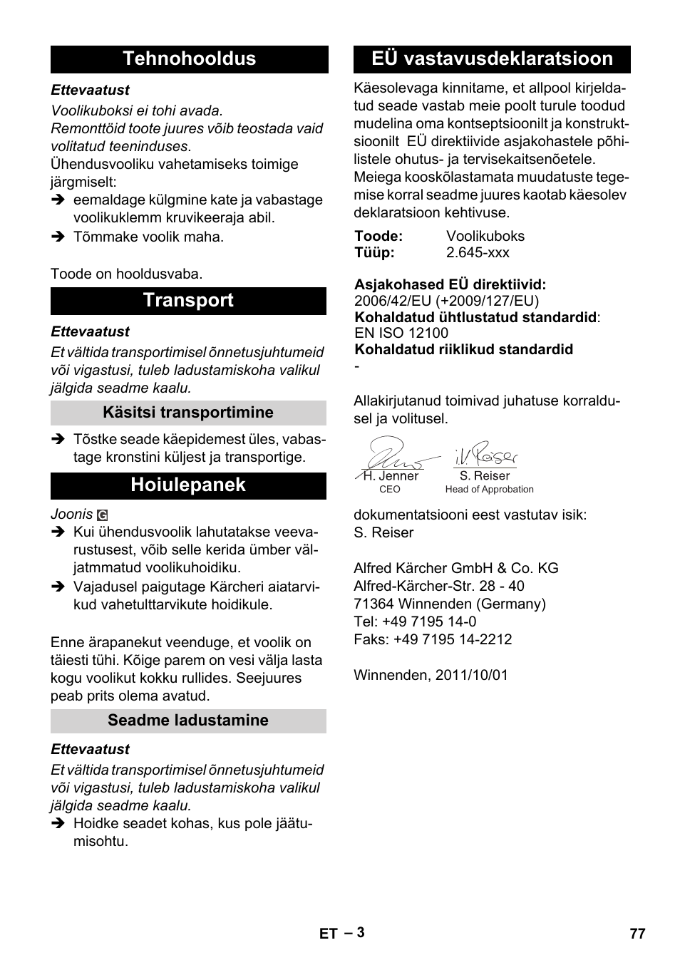 Tehnohooldus transport, Hoiulepanek, Eü vastavusdeklaratsioon | Karcher Autoreel User Manual | Page 77 / 90