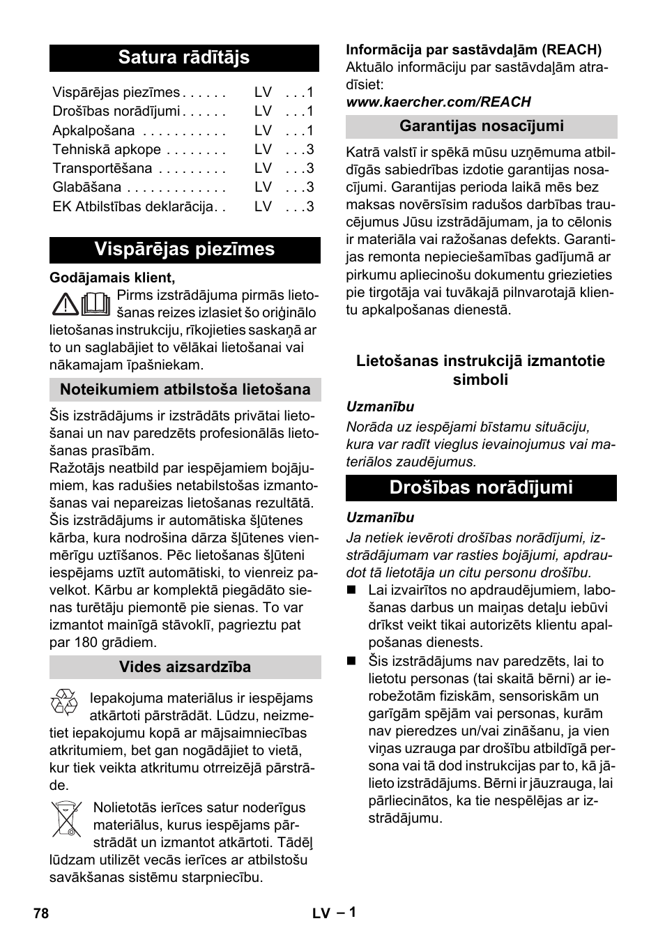 Latviešu, Satura rādītājs, Vispārējas piezīmes | Drošības norādījumi | Karcher Autoreel User Manual | Page 78 / 90