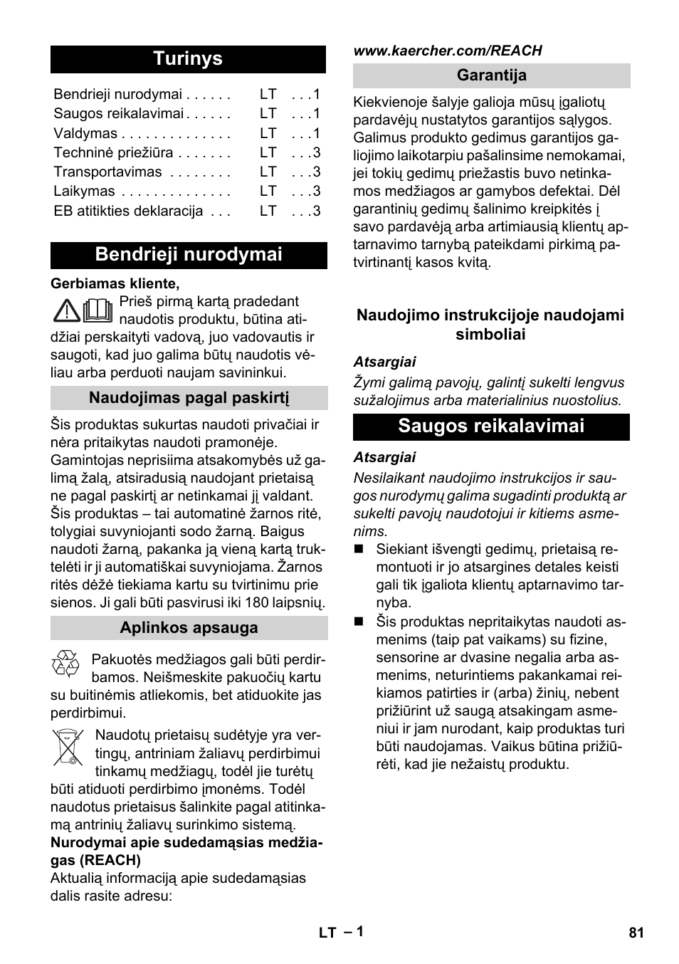 Lietuviškai, Turinys, Bendrieji nurodymai | Saugos reikalavimai | Karcher Autoreel User Manual | Page 81 / 90