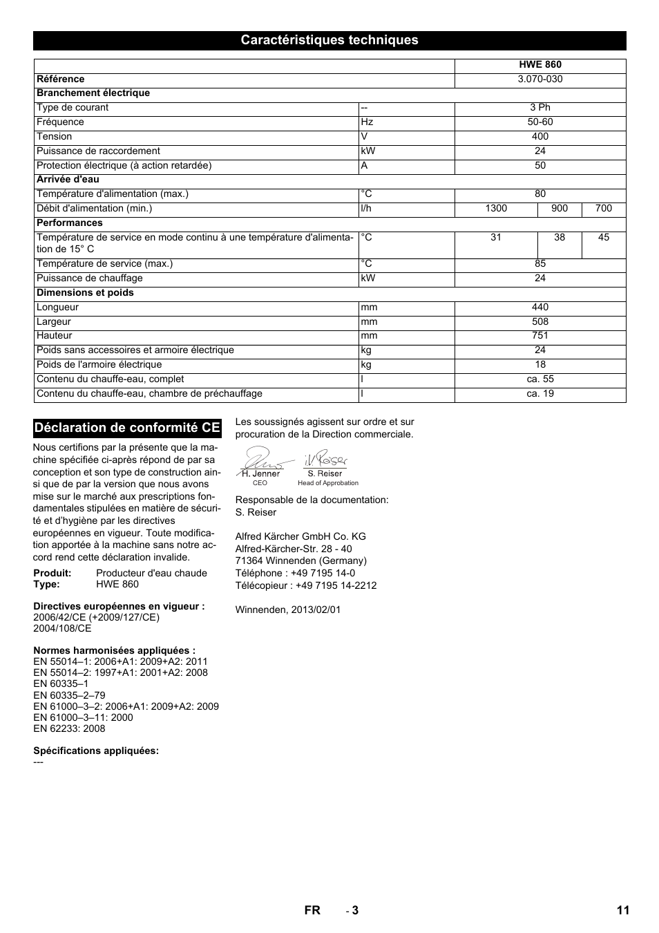 Caractéristiques techniques, Déclaration de conformité ce | Karcher HWE 860 User Manual | Page 11 / 72