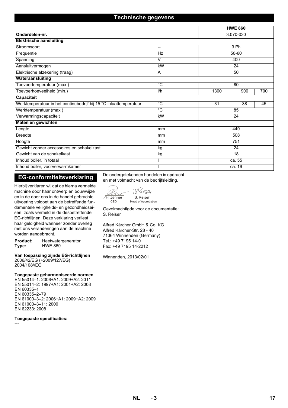 Technische gegevens, Eg-conformiteitsverklaring | Karcher HWE 860 User Manual | Page 17 / 72