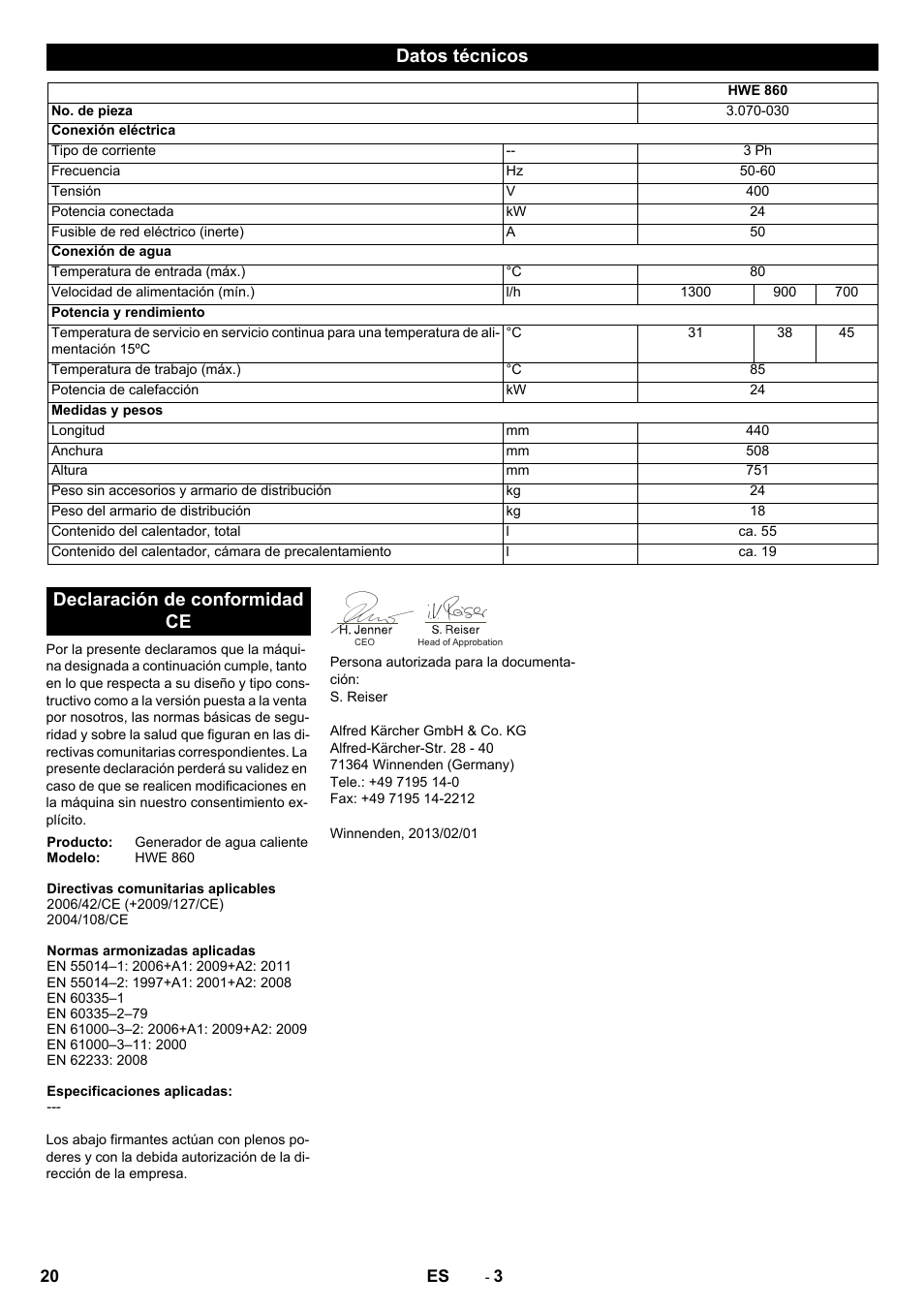 Datos técnicos, Declaración de conformidad ce | Karcher HWE 860 User Manual | Page 20 / 72