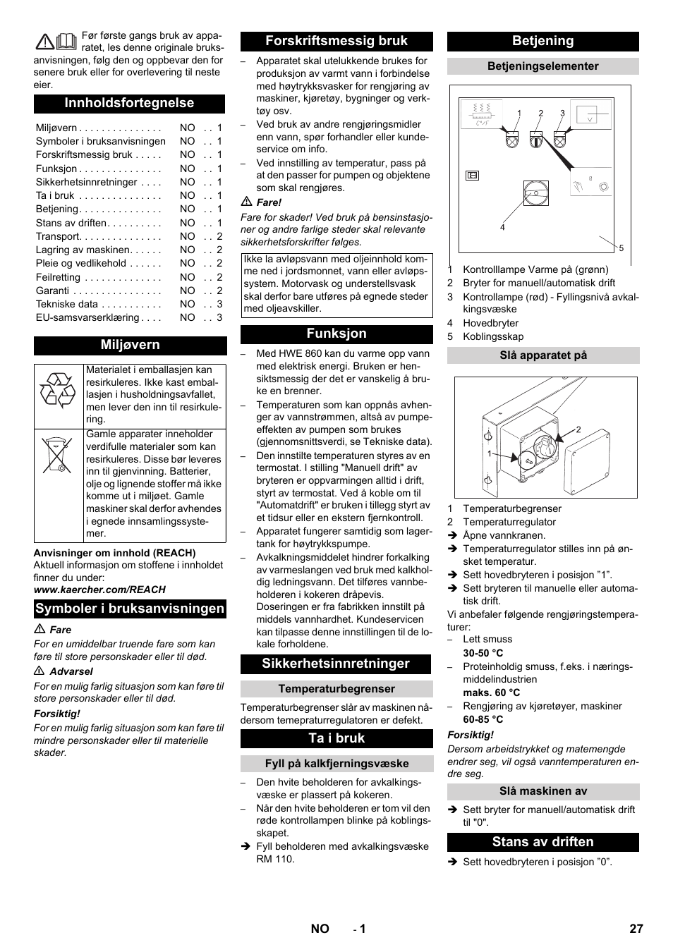 Norsk, Innholdsfortegnelse, Miljøvern | Symboler i bruksanvisningen forskriftsmessig bruk, Funksjon sikkerhetsinnretninger, Ta i bruk, Betjening, Stans av driften | Karcher HWE 860 User Manual | Page 27 / 72