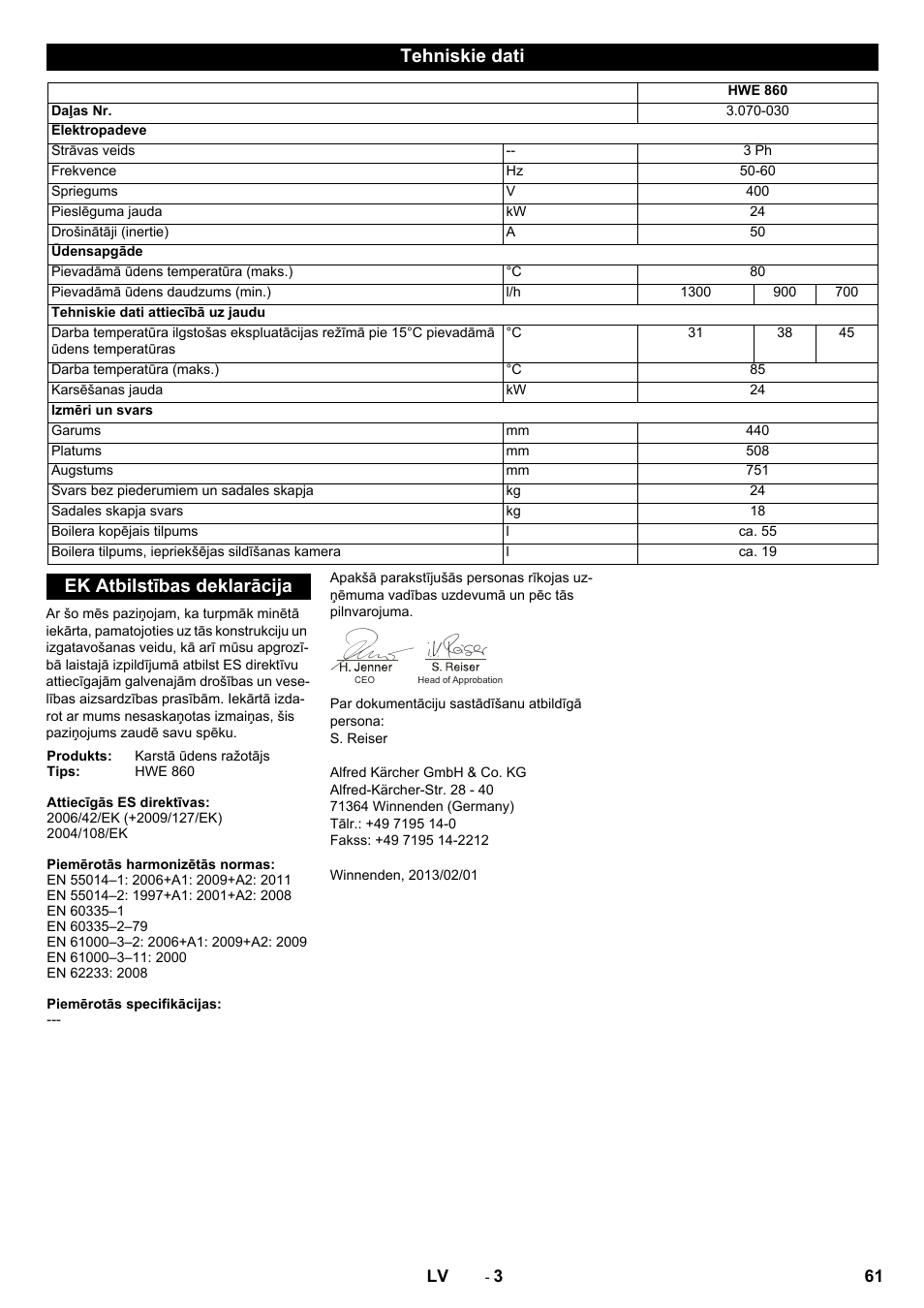 Tehniskie dati, Ek atbilstības deklarācija | Karcher HWE 860 User Manual | Page 61 / 72