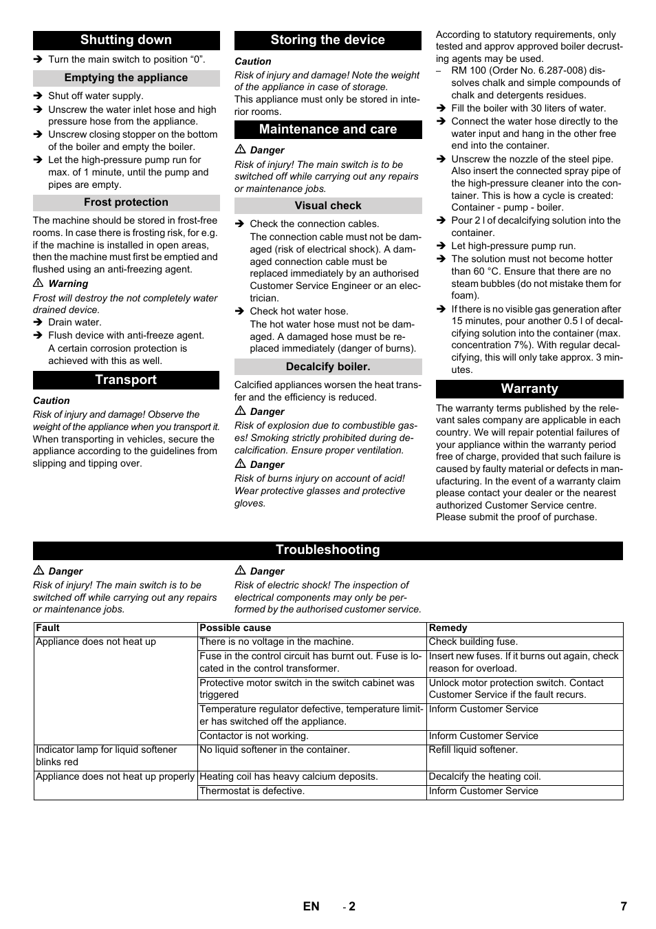 Shutting down, Transport storing the device maintenance and care, Warranty troubleshooting | Karcher HWE 860 User Manual | Page 7 / 72