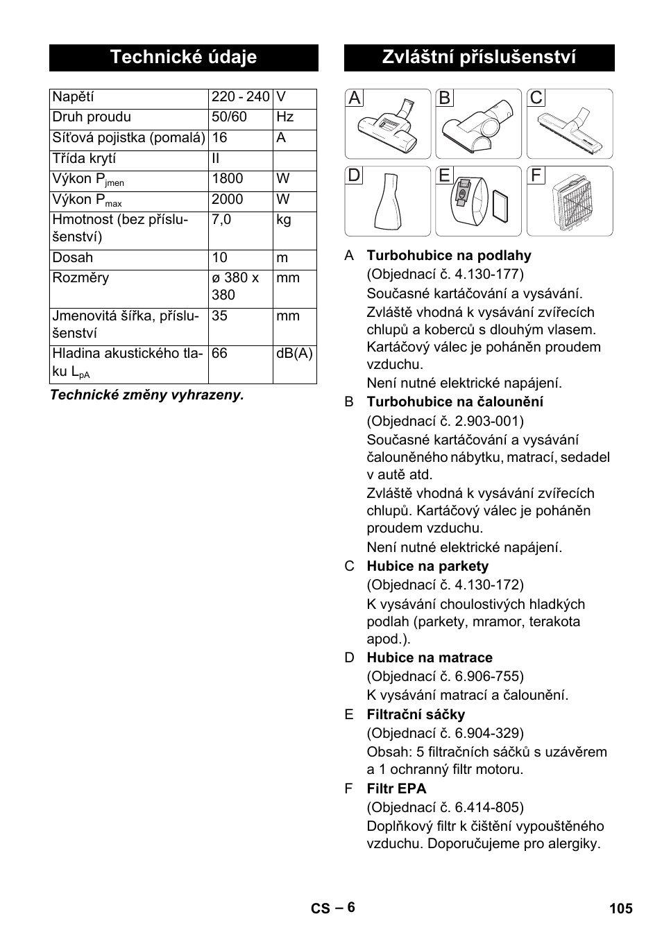 Technické údaje, Zvláštní příslušenství | Karcher VC 6300 User Manual | Page 105 / 180