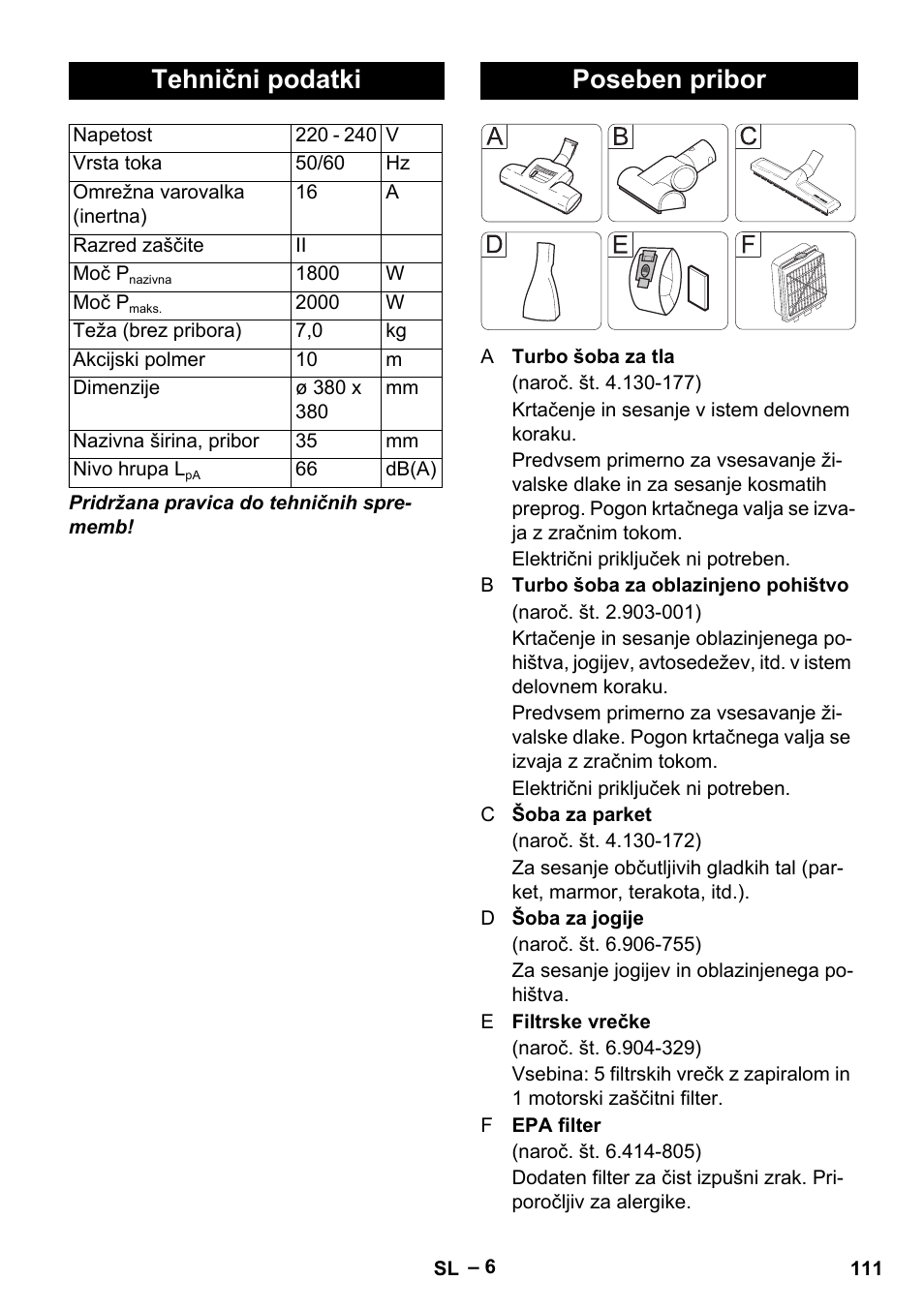 Tehnični podatki, Poseben pribor | Karcher VC 6300 User Manual | Page 111 / 180