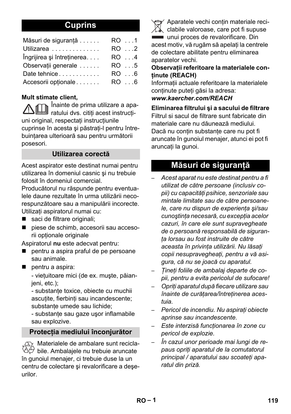 Româneşte, Românete, Cuprins | Măsuri de siguranţă | Karcher VC 6300 User Manual | Page 119 / 180