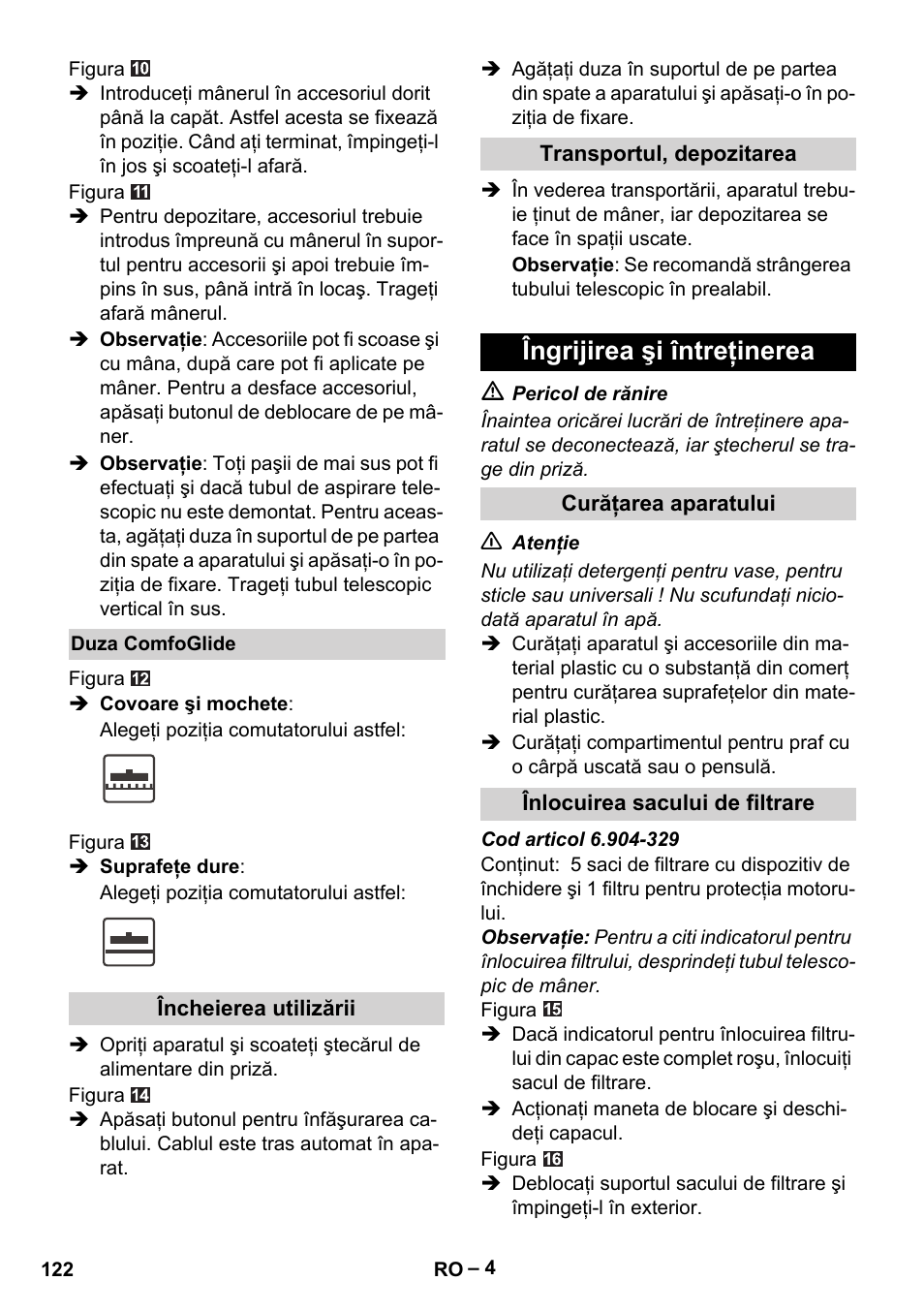 Îngrijirea şi întreţinerea | Karcher VC 6300 User Manual | Page 122 / 180