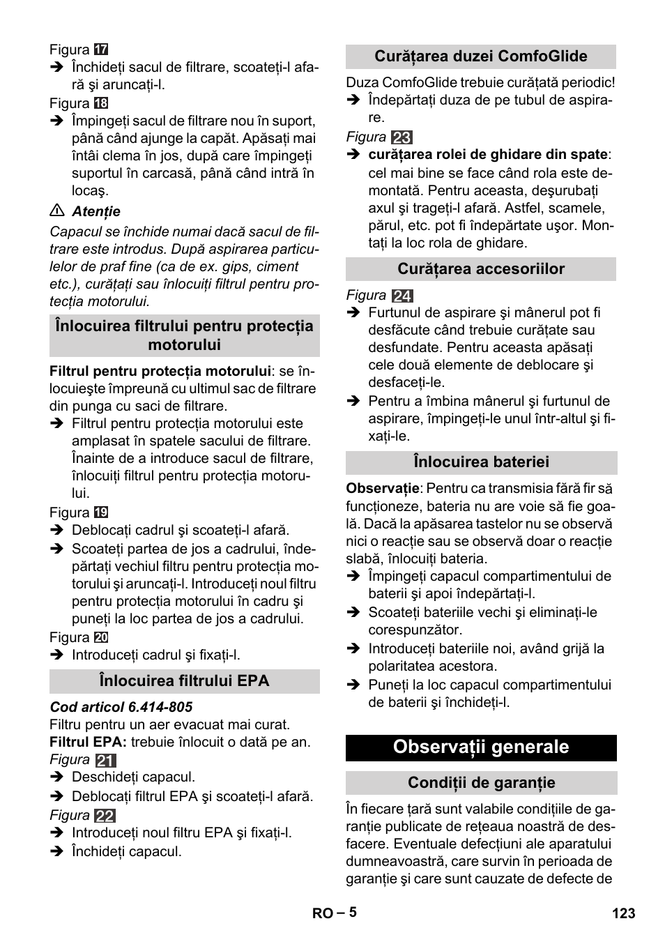 Observaţii generale | Karcher VC 6300 User Manual | Page 123 / 180