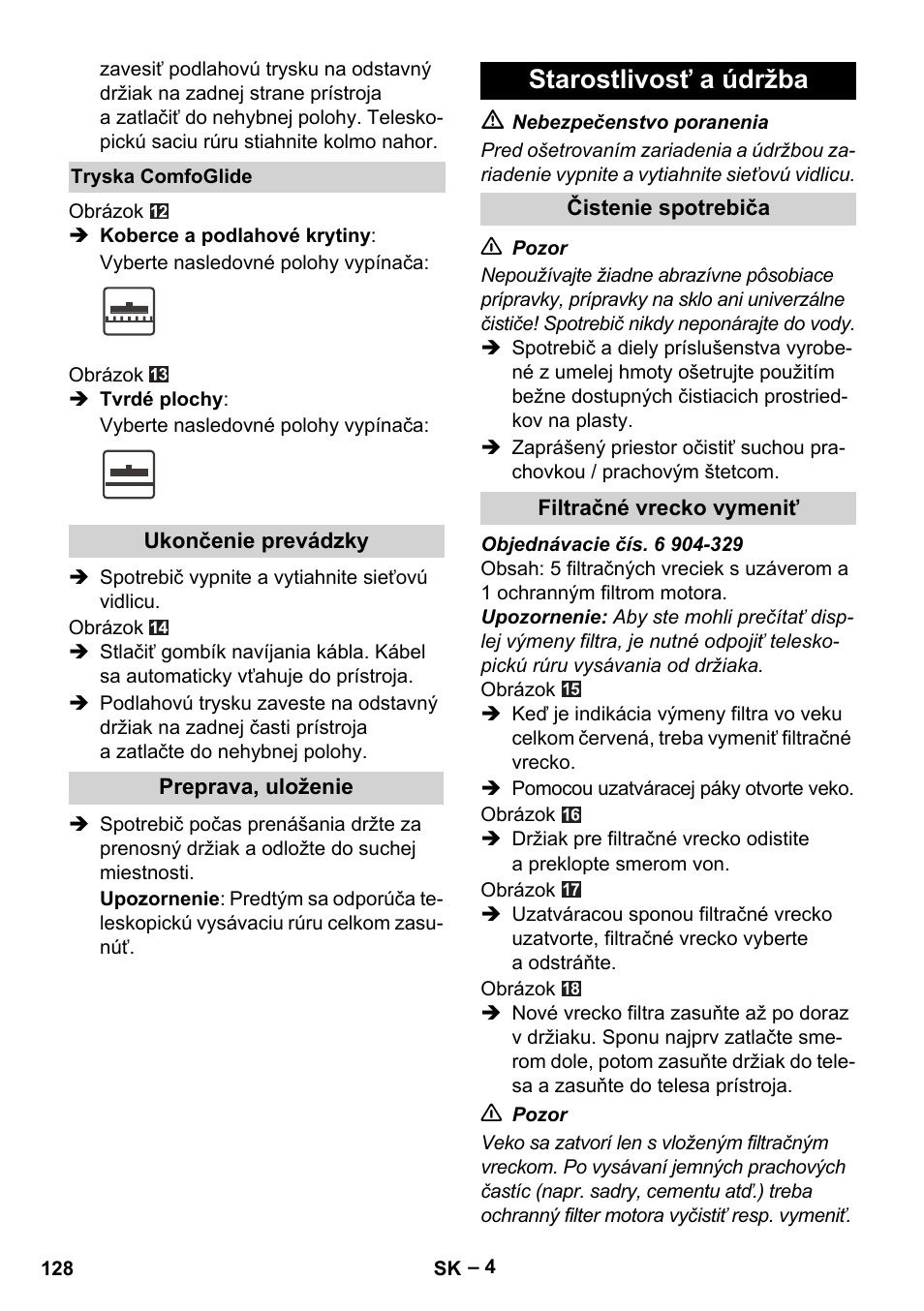 Starostlivosť a údržba | Karcher VC 6300 User Manual | Page 128 / 180