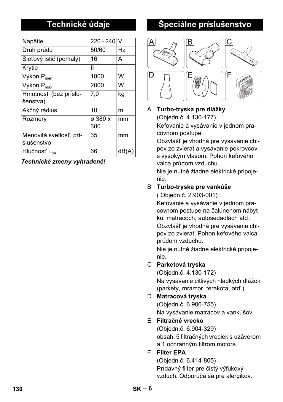 Technické údaje, Špeciálne príslušenstvo | Karcher VC 6300 User Manual | Page 130 / 180