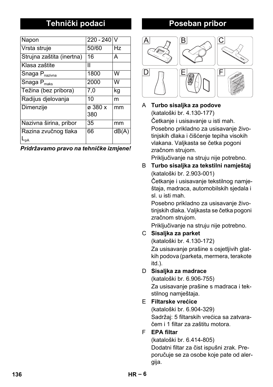 Tehnički podaci, Poseban pribor | Karcher VC 6300 User Manual | Page 136 / 180