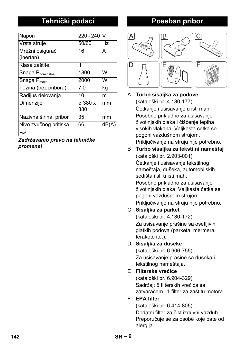 Tehnički podaci, Poseban pribor | Karcher VC 6300 User Manual | Page 142 / 180