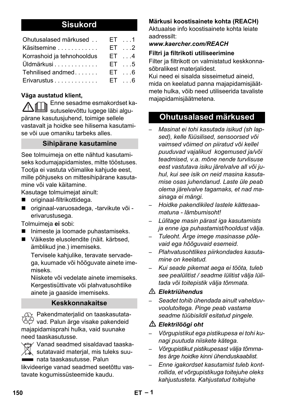 Eesti, Sisukord, Ohutusalased märkused | Karcher VC 6300 User Manual | Page 150 / 180