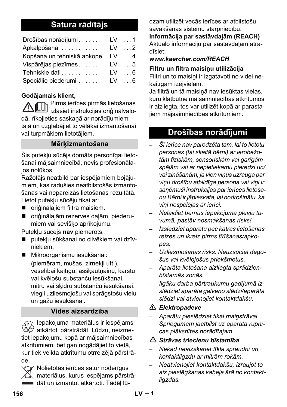 Latviešu, Satura rādītājs, Drošības norādījumi | Karcher VC 6300 User Manual | Page 156 / 180