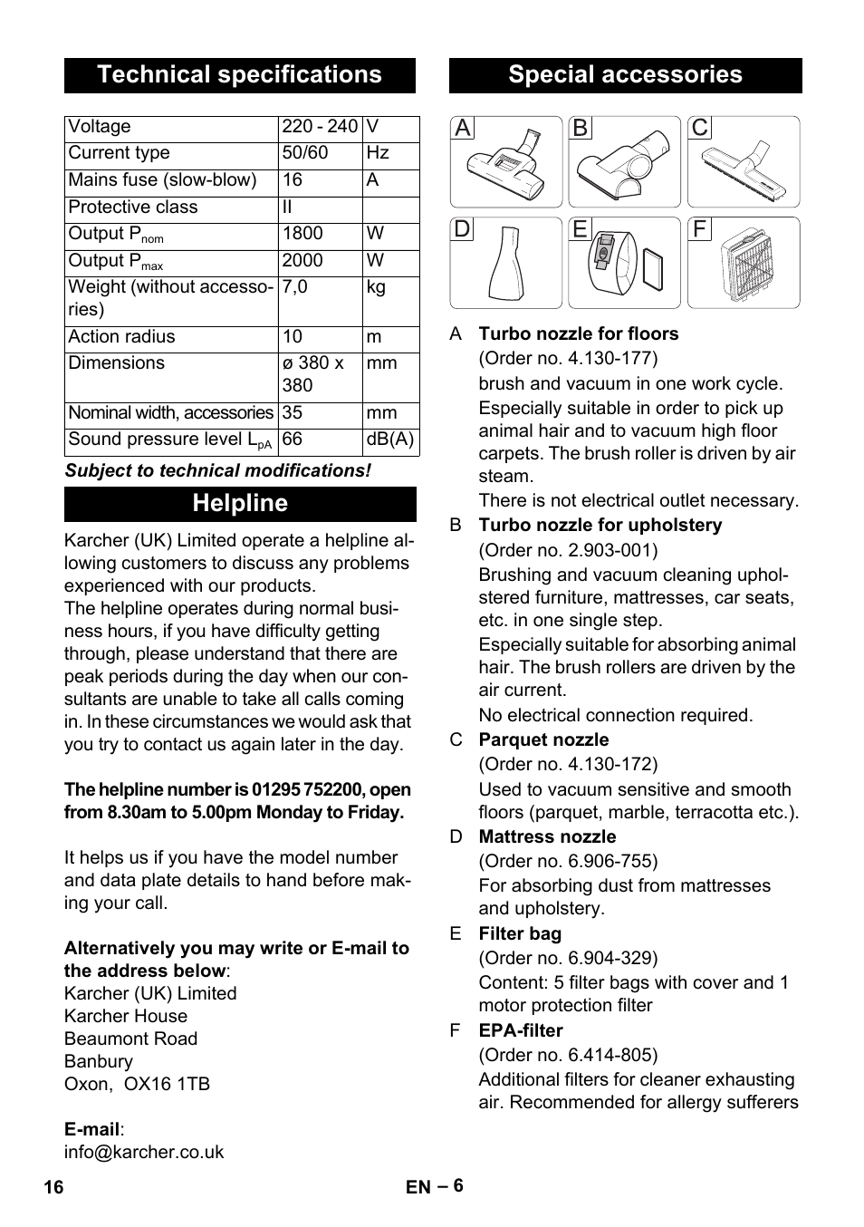 Technical specifications, Helpline special accessories | Karcher VC 6300 User Manual | Page 16 / 180