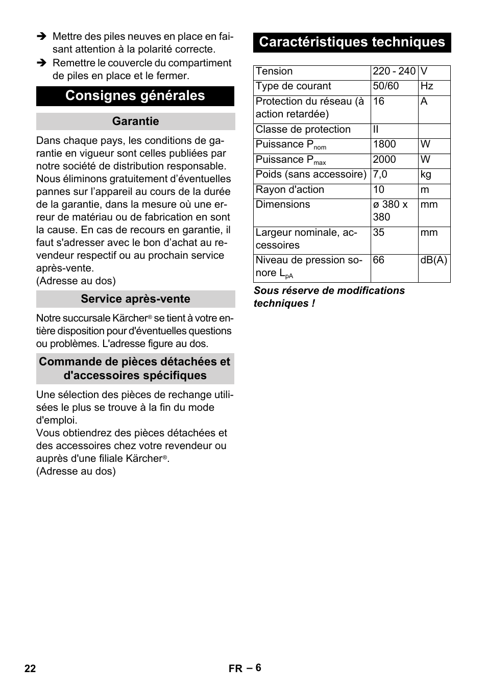 Consignes générales, Caractéristiques techniques | Karcher VC 6300 User Manual | Page 22 / 180