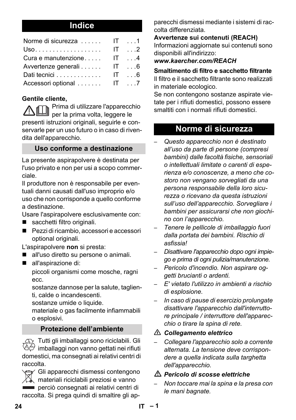 Italiano, Indice, Norme di sicurezza | Karcher VC 6300 User Manual | Page 24 / 180