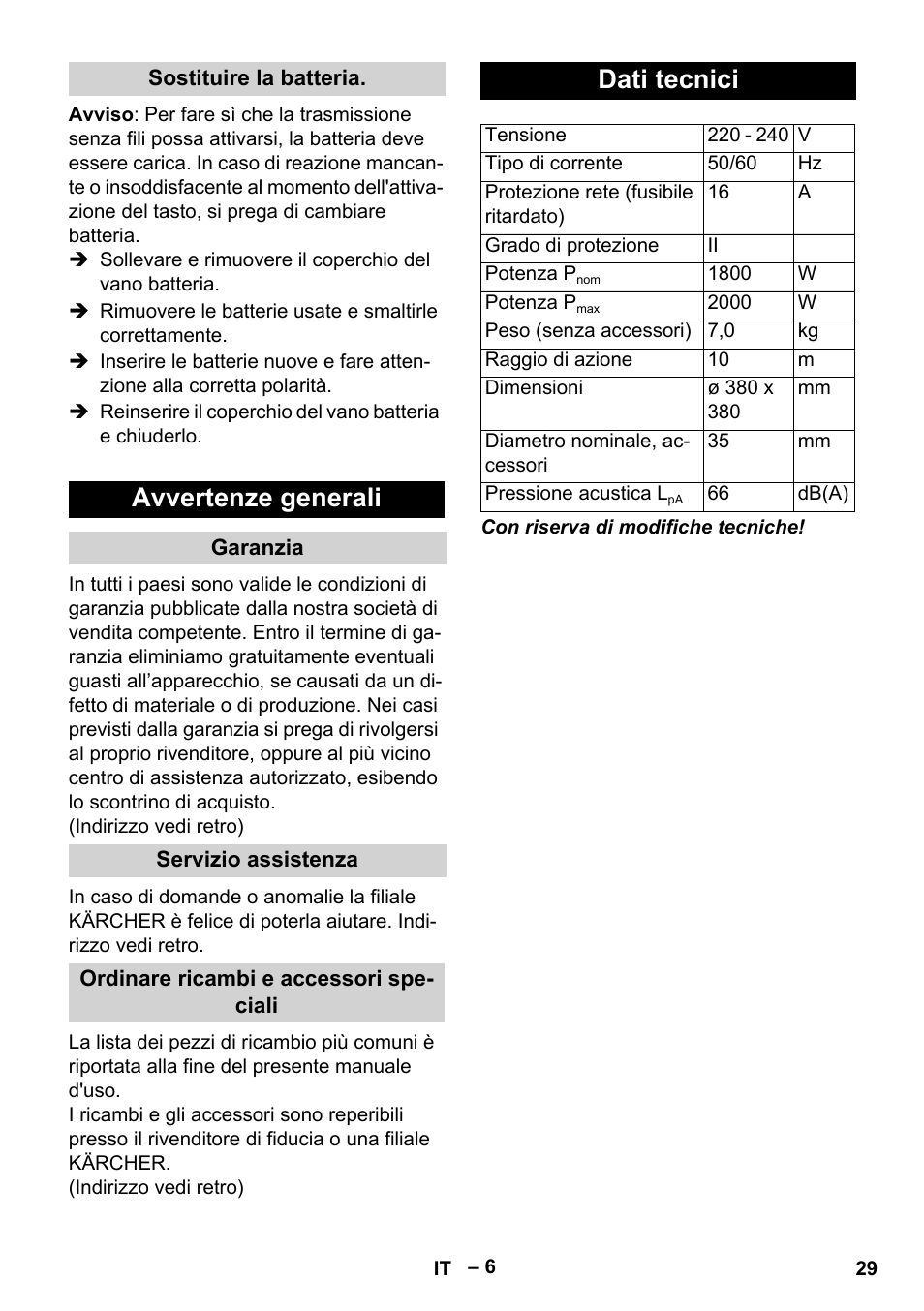 Avvertenze generali, Dati tecnici | Karcher VC 6300 User Manual | Page 29 / 180
