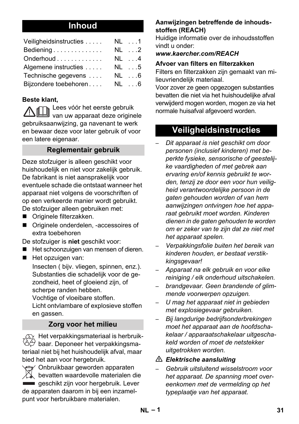 Nederlands, Inhoud, Veiligheidsinstructies | Karcher VC 6300 User Manual | Page 31 / 180
