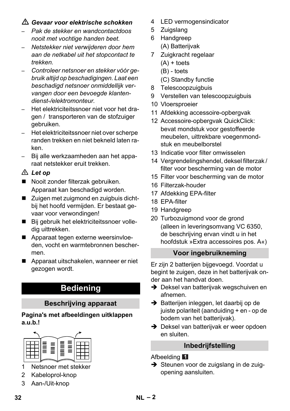 Bediening | Karcher VC 6300 User Manual | Page 32 / 180