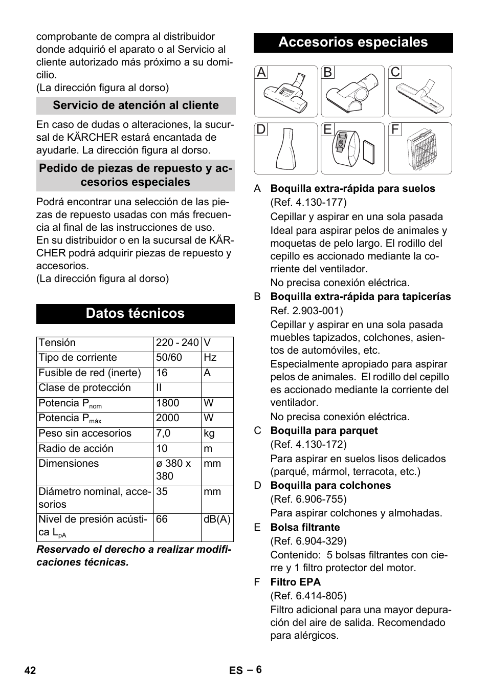 Datos técnicos, Accesorios especiales | Karcher VC 6300 User Manual | Page 42 / 180
