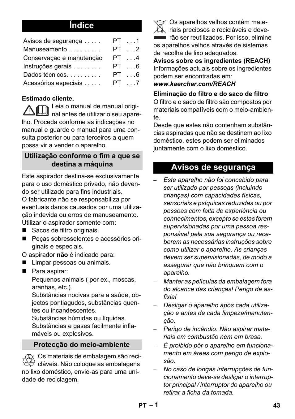 Português, Índice, Avisos de segurança | Karcher VC 6300 User Manual | Page 43 / 180
