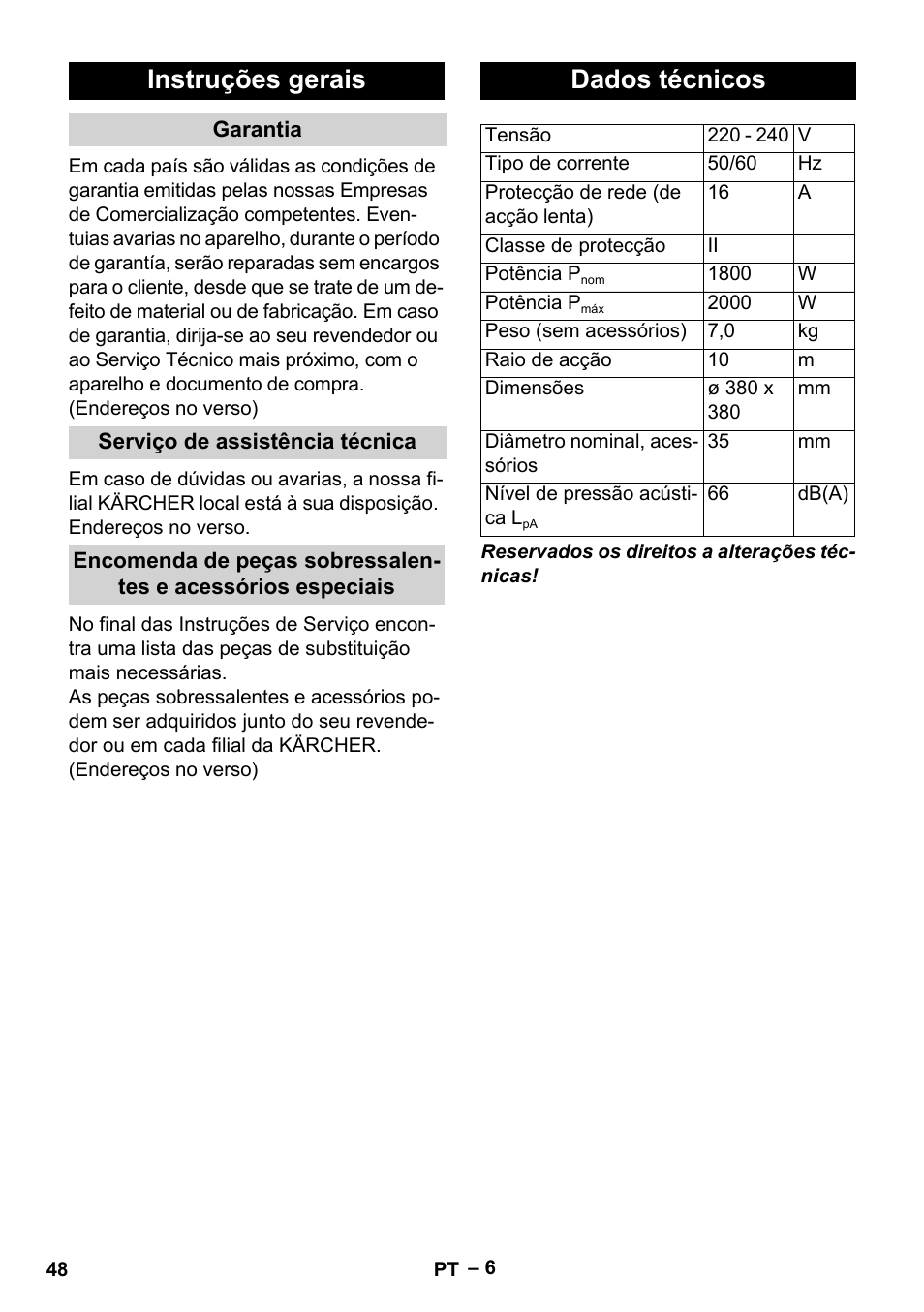 Instruções gerais, Dados técnicos | Karcher VC 6300 User Manual | Page 48 / 180