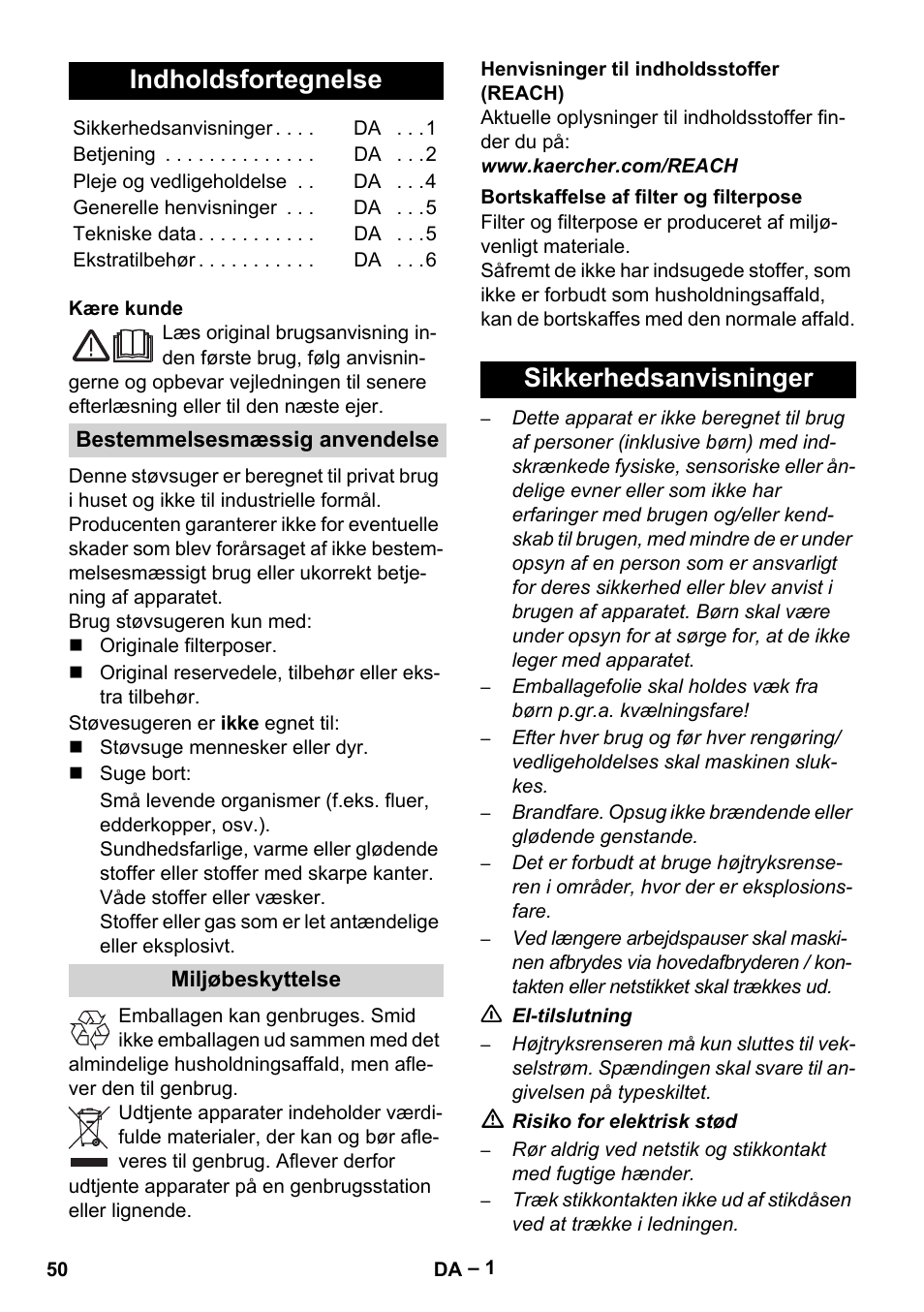 Dansk, Indholdsfortegnelse, Sikkerhedsanvisninger | Karcher VC 6300 User Manual | Page 50 / 180