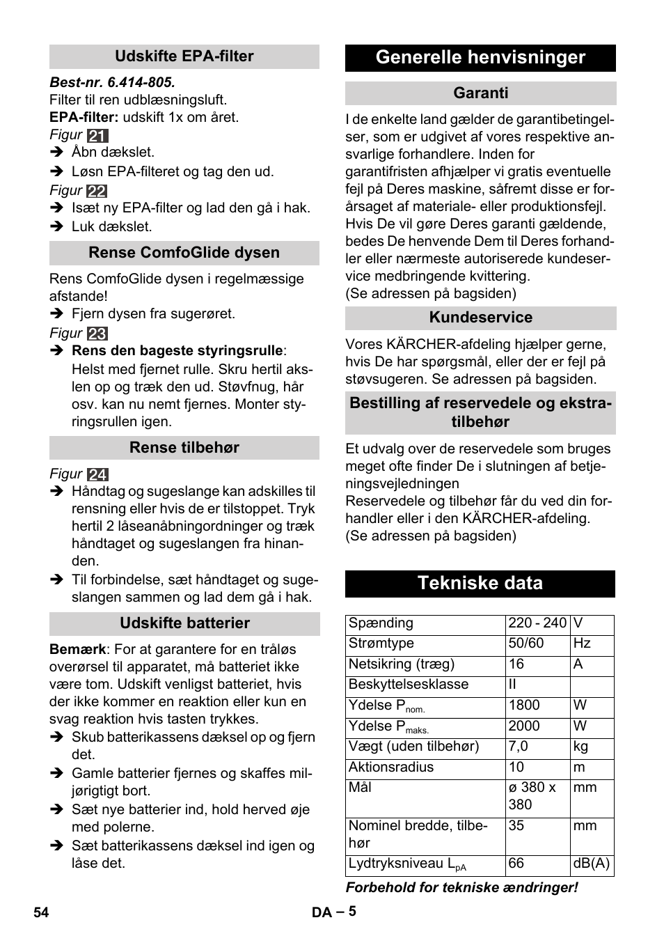 Generelle henvisninger, Tekniske data | Karcher VC 6300 User Manual | Page 54 / 180