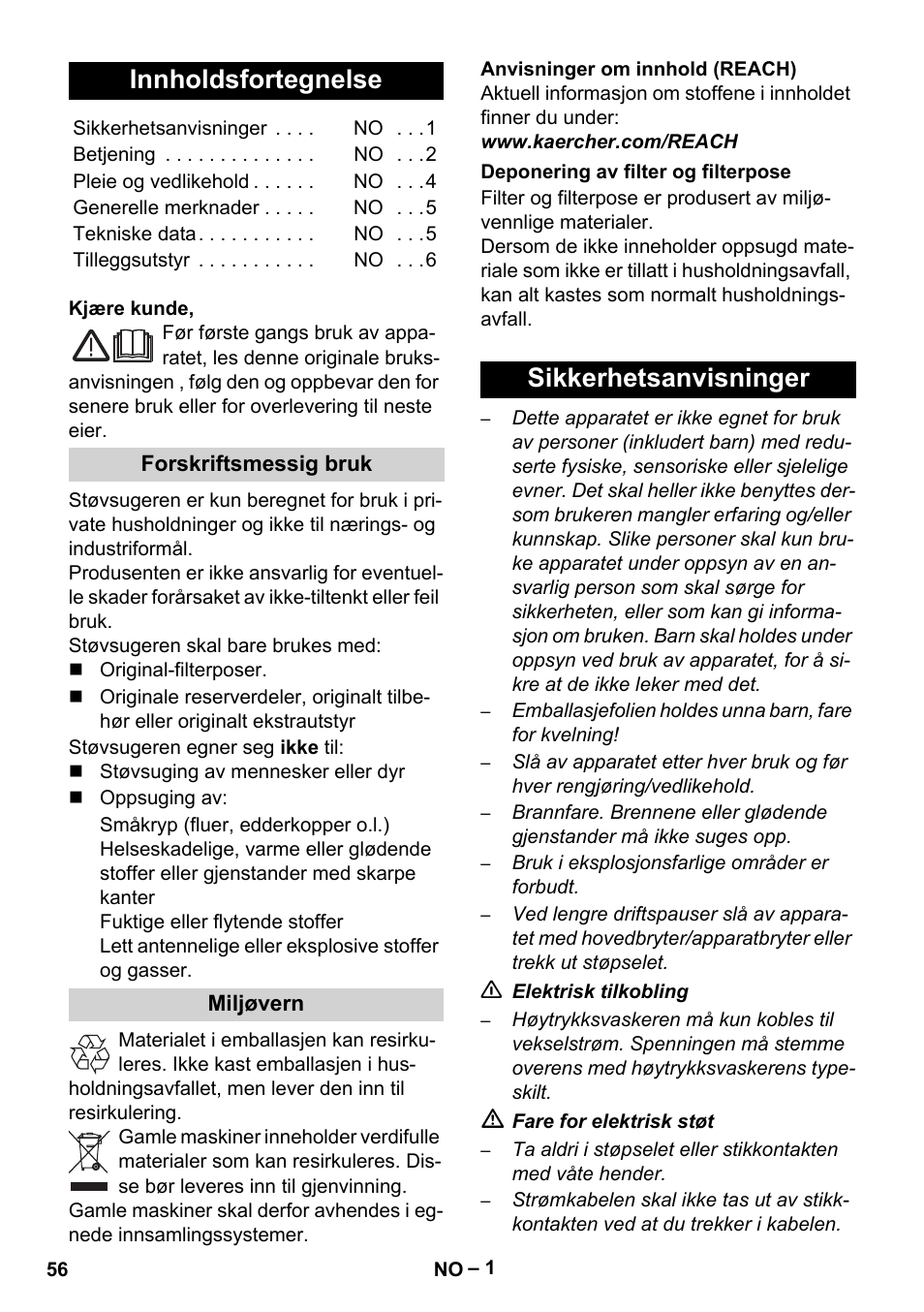 Norsk, Innholdsfortegnelse, Sikkerhetsanvisninger | Karcher VC 6300 User Manual | Page 56 / 180
