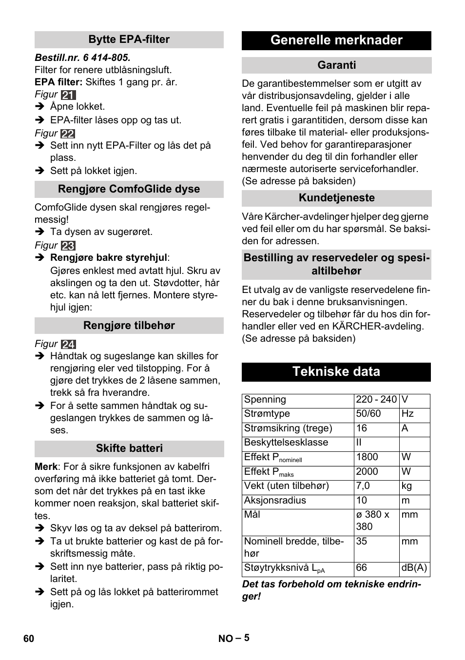 Generelle merknader, Tekniske data | Karcher VC 6300 User Manual | Page 60 / 180