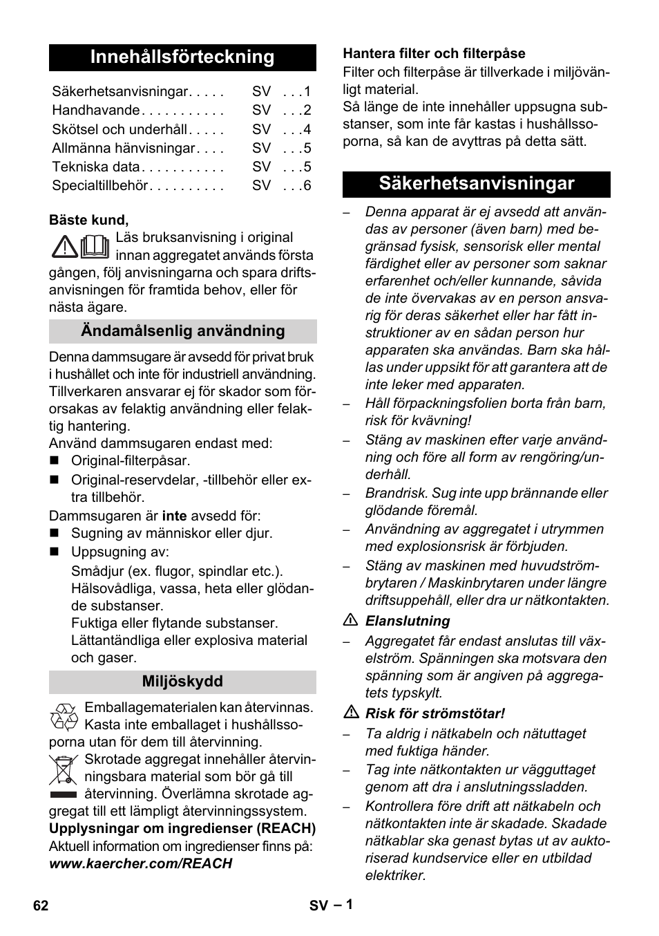 Svenska, Innehållsförteckning, Säkerhetsanvisningar | Karcher VC 6300 User Manual | Page 62 / 180