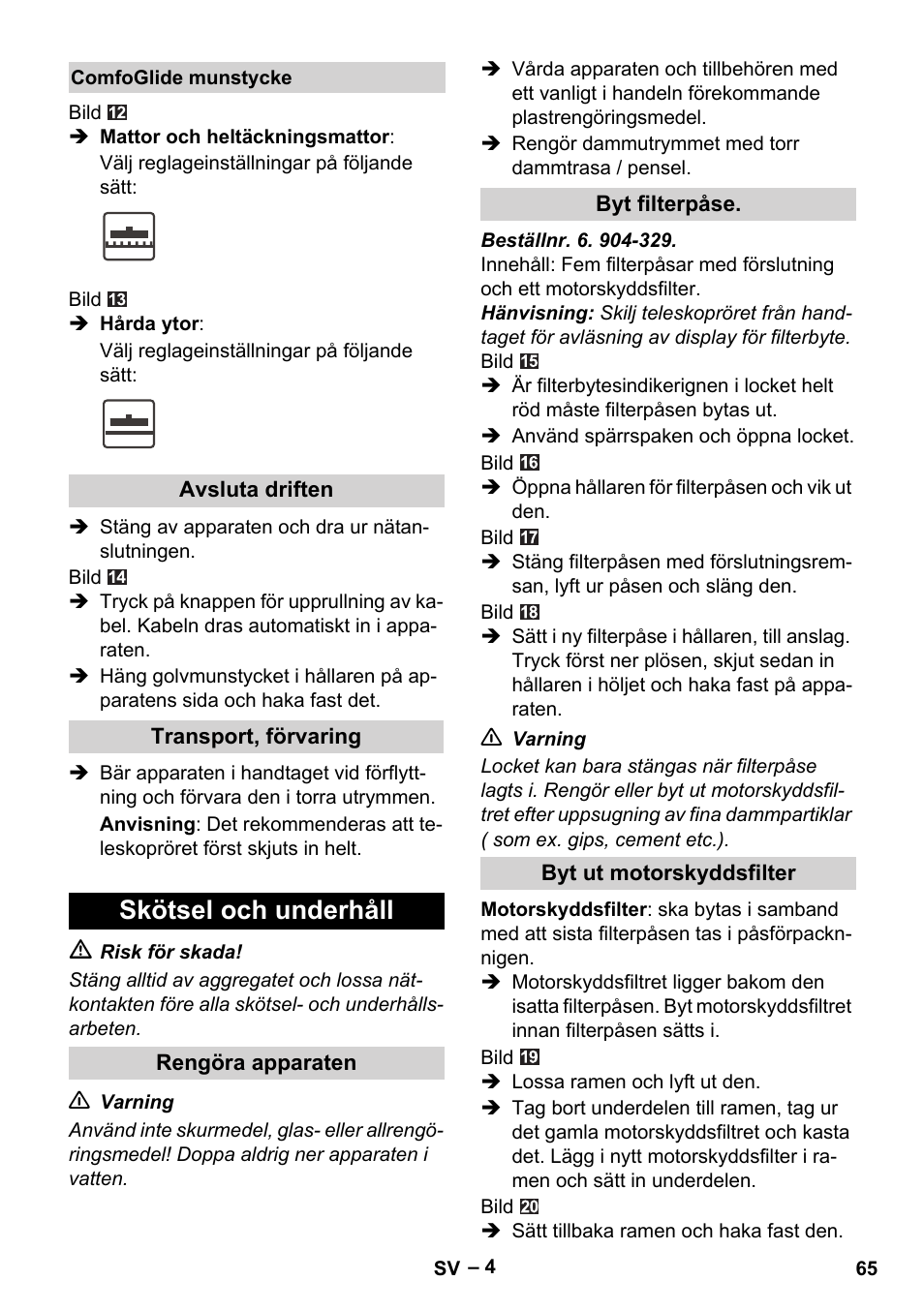 Skötsel och underhåll | Karcher VC 6300 User Manual | Page 65 / 180