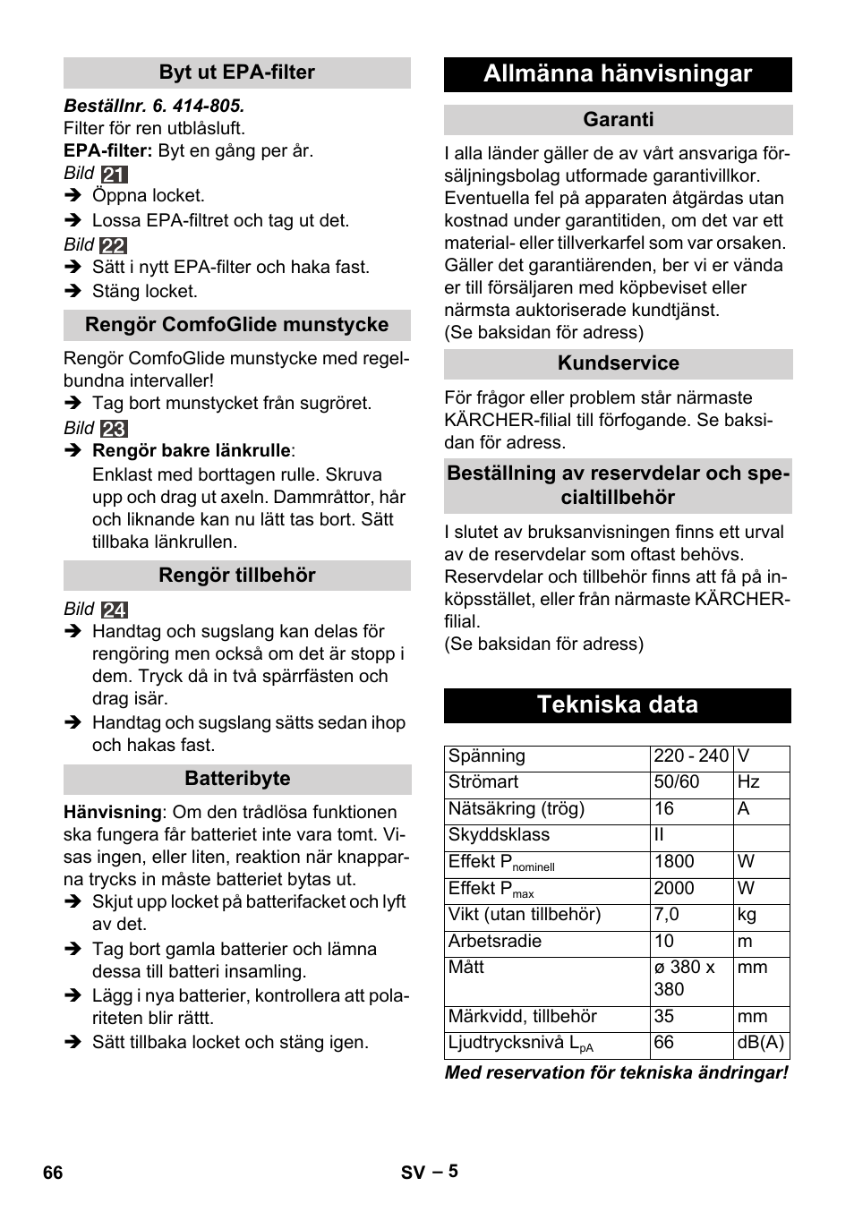 Allmänna hänvisningar, Tekniska data | Karcher VC 6300 User Manual | Page 66 / 180
