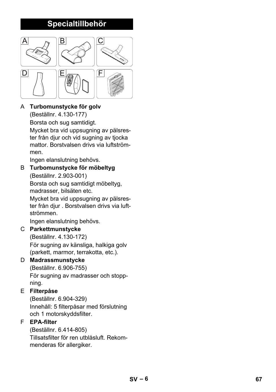 Specialtillbehör | Karcher VC 6300 User Manual | Page 67 / 180